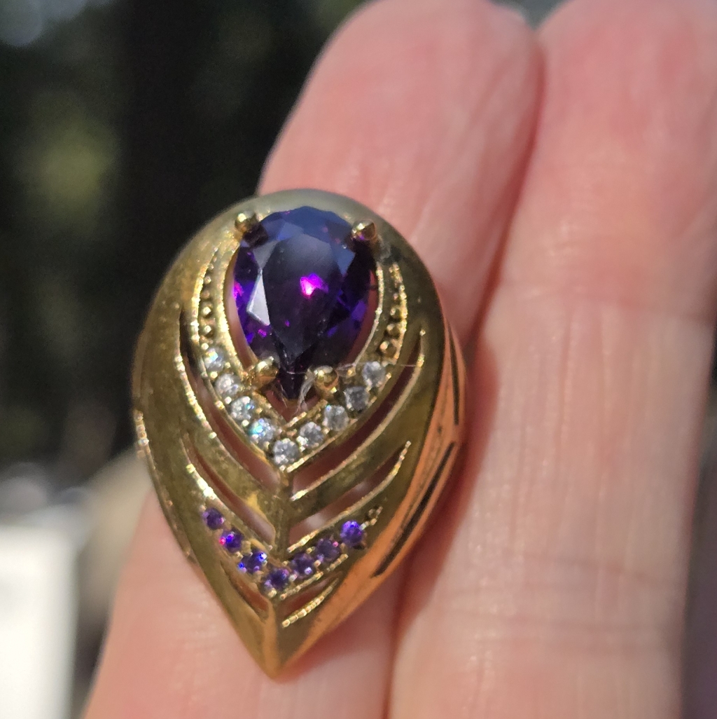 Amethyst & Topaz Sterling Gold & Bronze Feather Cocktail Ring 7.75